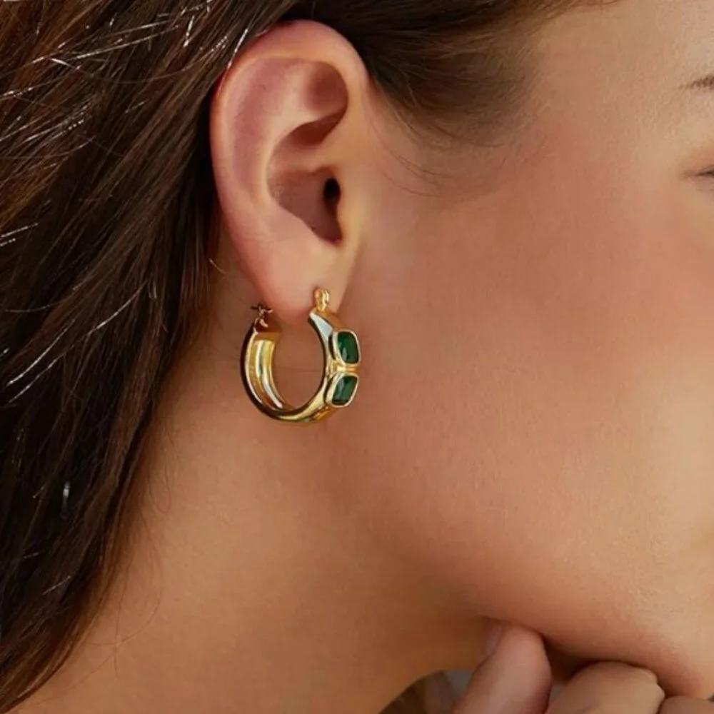 Green Lightweight 4k Gold plated Earrings Elegant Chunky Hoops - Picture 2 of 5